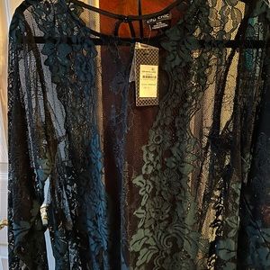 Green and black sheer blouse with lace